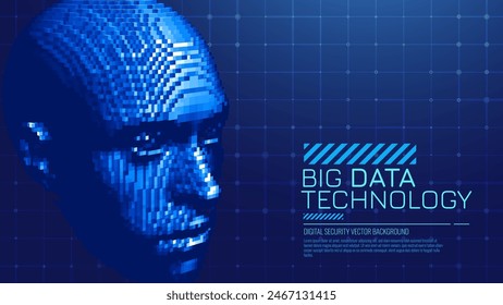 AI Artificial Intelligence Concept. Abstract Digital Low Poly 3D Human Face. 3D Face ID Scan Recognition Robotics Concept. Wireframe Head Science Fiction Concept. Vector Illustration. Deep Learning.