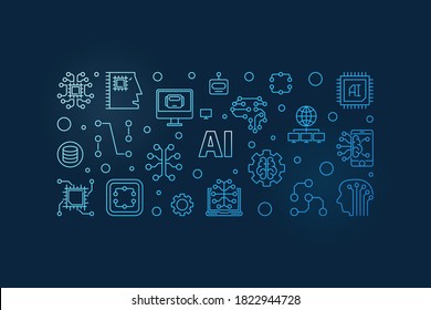 AI - Artificial Intelligence concept blue line horizontal banner. Vector illustration