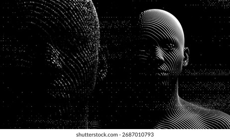 AI. Artificial Intelligence Concept. Blue Abstract Digital Cyberpunk Human Face. Robotics Concept. Science Fiction Cyberpunk Vector Illustration. Anonymous Hacker Face Digital Collage.