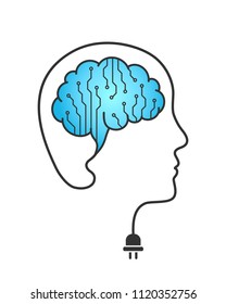 Ai - Artificial intelligence concept. Circuit board and wired brain as robot and technology metaphor. Head silhouette made of wire.