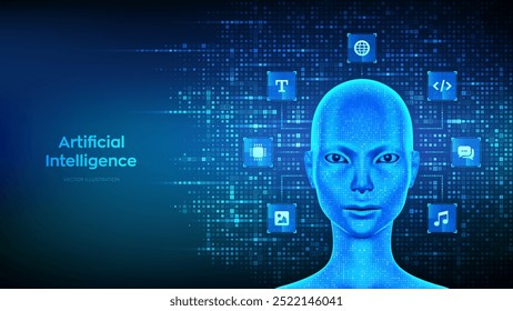 IA. Concepto de inteligencia artificial. Cabeza de mujer cyborg hecha con código binario. Cara electrónica femenina. Robot femenino. Red neuronal. Asistente inteligente. Fondo digital binario con dígitos 1.0. Vector.