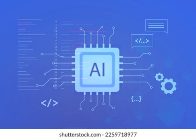 AI - Artificial intelligence concept. Deep learning technologies, data mining. Ai code creation, communication, writing articles, creating graphic illustrations using neural AI networks illustration