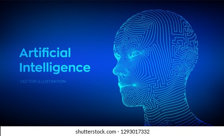 AI. Artificial Intelligence Concept. Ai Digital Brain. Abstract Digital Human Face. Human Head In Robot Digital Computer Interpretation. Robotics Concept. Wireframe Head Concept. Vector Illustration.