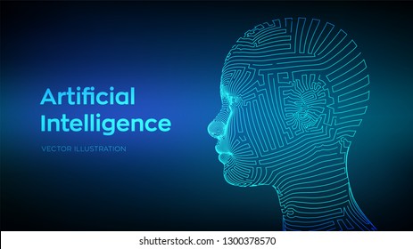 AI. Artificial intelligence concept. Ai digital brain. Abstract digital human face. Human head in robot computer interpretation. Robotics concept. Wireframe head concept. Vector illustration.