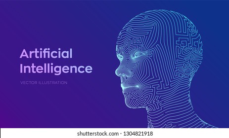 AI. Artificial Intelligence Concept. Ai Digital Brain. Abstract Digital Human Face. Human Head In Robot Digital Computer Interpretation. Robotics Concept. Wireframe Head Concept. Vector Illustration.