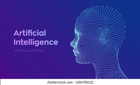 AI. Artificial intelligence concept. Ai digital brain. Abstract digital human face. Human head in robot digital computer interpretation. Robotics concept. Wireframe head concept. Vector illustration.