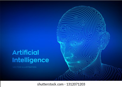 AI. Artificial intelligence concept. Ai digital brain. Abstract digital human face. Human head in robot digital computer interpretation. Robotics concept. Wireframe head concept. Vector illustration.