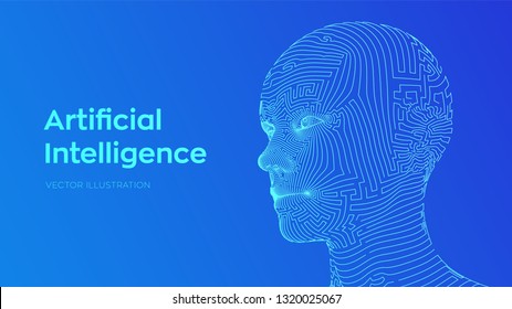 AI. Artificial intelligence concept. Ai digital brain. Abstract digital human face. Human head in robot digital computer interpretation. Robotics concept. Wireframe head concept. Vector illustration.