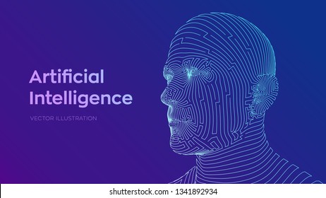 AI. Artificial intelligence concept. Ai digital brain. Abstract digital human face. Human head in robot digital computer interpretation. Robotics concept. Wireframe head concept. Vector illustration.