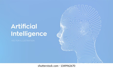 AI. Artificial intelligence concept. Ai digital brain. Abstract digital human face. Human head in robot digital computer interpretation. Robotics concept. Wireframe head concept. Vector illustration.
