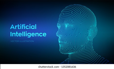 AI. Artificial intelligence concept. Ai digital brain. Abstract digital human face. Human head in robot digital computer interpretation. Robotics concept. Wireframe head concept. Vector illustration.