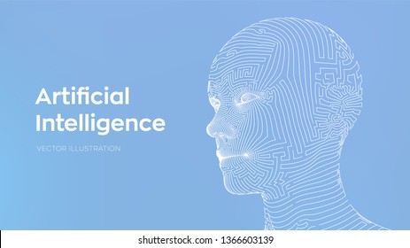AI. Artificial intelligence concept. Ai digital brain. Abstract digital human face. Human head in robot digital computer interpretation. Robotics concept. Wireframe head concept. Vector illustration.