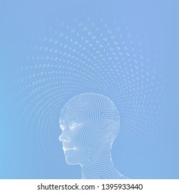 AI. Artificial intelligence concept. Ai digital brain. Abstract digital human face. Human head in robot digital computer interpretation. Robotics concept. Wireframe head concept. Vector illustration.