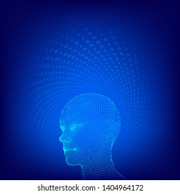 AI. Artificial intelligence concept. Ai digital brain. Abstract digital human face. Human head in robot digital computer interpretation. Robotics concept. Wireframe head concept. Vector illustration.