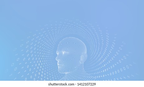 AI. Artificial intelligence concept. Digital brain. Abstract human face. Human head in robot digital computer interpretation. Robotics concept. Wireframe head concept. Vector illustration.
