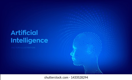 AI. Artificial intelligence concept. Ai digital brain. Abstract digital human face. Human head in robot digital computer interpretation. Robotics concept. Wireframe head concept. Vector illustration.