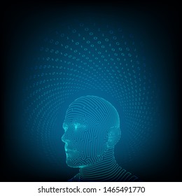 AI. Artificial intelligence concept. Ai digital brain. Abstract digital human face. Human head in robot digital computer interpretation. Robotics concept. Wireframe head concept. Vector illustration.