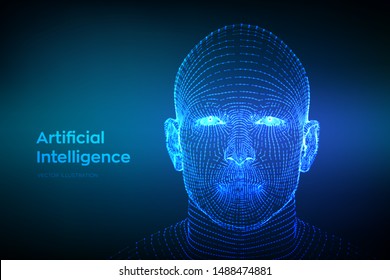 AI. Artificial intelligence concept. Ai digital brain. Abstract digital human face. Human head in robot digital computer interpretation. Robotics concept. Wireframe head concept. Vector illustration.
