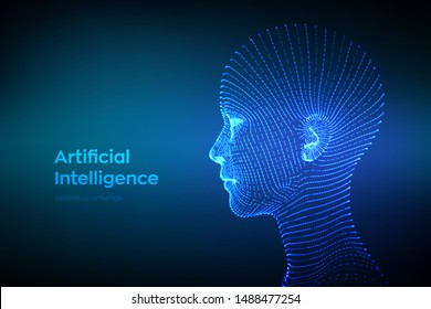 AI. Artificial intelligence concept. Ai digital brain. Abstract digital human face. Human head in robot digital computer interpretation. Robotics concept. Wireframe head concept. Vector illustration.