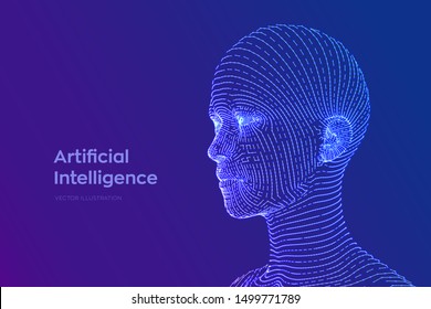 AI. Artificial Intelligence Concept. Ai Digital Brain. Abstract Digital Human Face. Human Head In Robot Digital Computer Interpretation. Robotics Concept. Wireframe Head Concept. Vector Illustration.