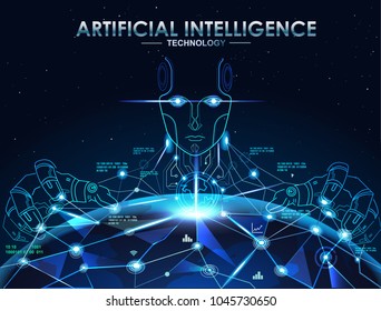 AI, Artificial Intelligence,  Concept. Holographic Earth And Robotic Cyborg Change The World.