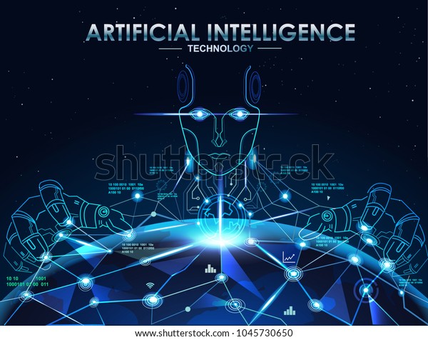 Ai 人工智能 概念 全息地球和机器人机器人改变世界 库存矢量图 免版税