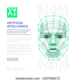 AI Artificial intelligence concept. Human face consisting of polygons, points and lines. Vector illustration