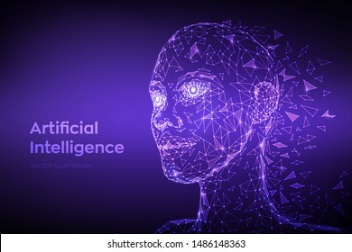 AI. Artificial intelligence concept. Low poly abstract digital human face. Human head in robot digital computer interpretation. Robotics concept. 3D polygonal head concept. Vector illustration.