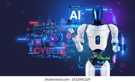 AI or artificial intelligence control mechanical humanoid anthropomorphic robot. Artificial neural network learning control robotic body. Robot with HUD interface of setting AI. Futuristic AI robot.