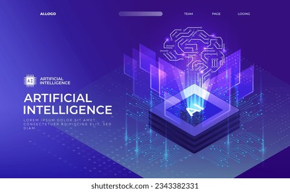 AI (Artificial Intelligence), Deep learning machine learning AI, Technological digital brain concept, Isometric vector landing page