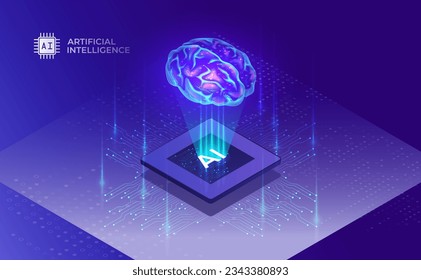 AI (Artificial Intelligence), Deep machine learning AI, Technological brain isometric concept, digital brain, Vector landing page