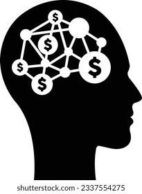 An AI artificial intelligence design for finance and money mind illustration depicted as a digital dollar sign on a futuristic human profile face implanted with a brain chip.