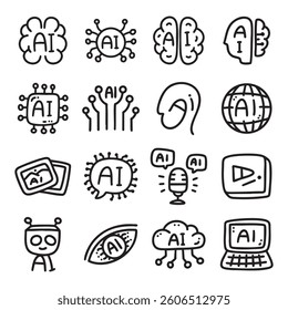 AI (artificial intelligence) doodle icon set - Robot automaton Mechanical brain innovation icons