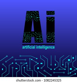 Ai, artificial intelligence, electronic circuit on blue background. Vector Illustration