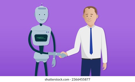 AI artificial intelligence enhancing jobs, helping workers concept. Shaking hands. Making work life better and easier. Simple flat vector characters. Easy to edit flat modern trendy style.