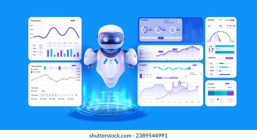 Ai Artificial intelligence in Finance Fintech. Data marketing technology, Business data report. Robot driven data analytics dashboard. Vector flat illustration