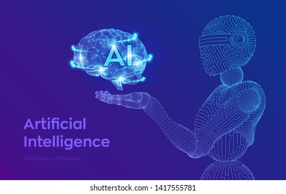 AI. Artificial intelligence. AI in the form of cyborg or bot. Wireframe robot. Digital brain. Brain in robotic hand.  