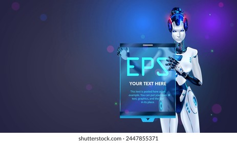 AI or artificial intelligence in the form of a humanoid female robot holds an empty poster or screen template in its hands. Vector. AI bot presents business report. Robot Speaker presentation about AI