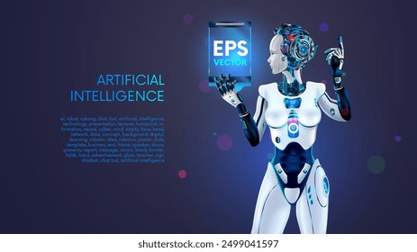 AI or artificial intelligence in the form of humanoid female robot holds an empty poster or screen template in hands. Ai robot presents business report. Robot Speaker presentation about AI. AI chatbot