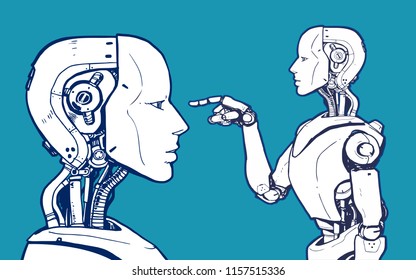 AI. Artificial Intelligence, futuristic robot hand-drawn sketch style vector