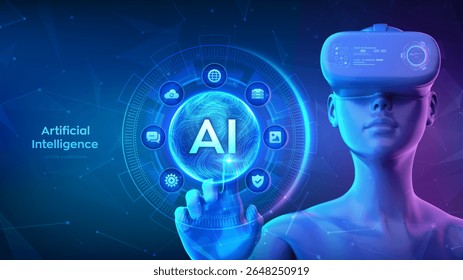 IA Inteligência Artificial. Menina usando óculos de fone de ouvido VR tocando interface digital com AI esfera de grade ondulada. Aprendizado de Máquina. Tecnologia de inovação de Big Data. Rede neural. Ilustração vetorial.