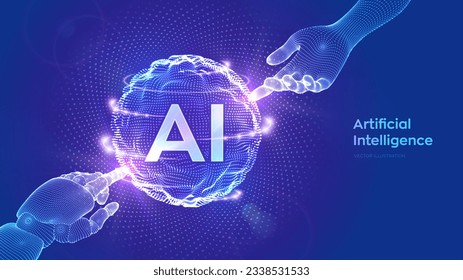 AI. Artificial Intelligence. Hands of Robot and Human touching sphere grid wave with binary code. Artificial Intelligence and Machine Learning technology concept. Neural networks. Vector illustration.