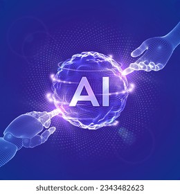 AI. Artificial Intelligence. Hands of Robot and Human touching sphere grid wave with binary code. Artificial Intelligence and Machine Learning technology concept. Neural networks. Vector illustration.