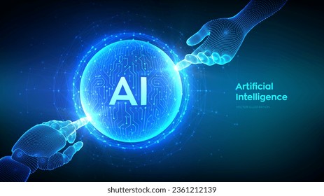 AI. Artificial Intelligence. Hands of Robot and Human touching sphere with circuit board pattern. Artificial Intelligence and Machine Learning technology concept. Neural networks. Vector illustration.