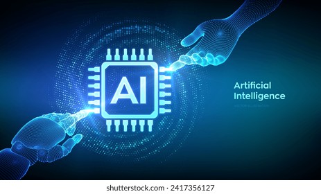 AI. Artificial Intelligence. Hands of Robot and Human touching Artificial Intelligence icon with binary code. Machine Learning technology concept. Neural networks. Vector illustration.