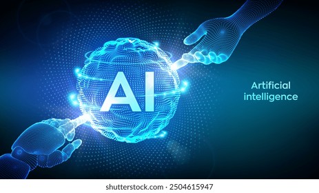 IA. Inteligencia artificial. Manos de Robot y Humano tocando la onda de la cuadrícula de la esfera con código binario. Inteligencia artificial y concepto de tecnología de aprendizaje automático. Redes neuronales. Ilustración vectorial.