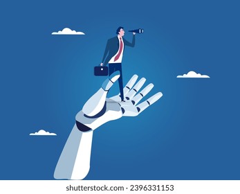 AI, Artificial Intelligence help business success, future of AI working with humanity, robot automation or innovation support, robot hand help businessman look on telescope future. vector 