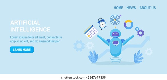 AI artificial intelligence to help productivity. Multitasking robot performs many tasks at the same time. Smart automation, robotic assistance. AI robot juggling with calendar, chart, diagram, target