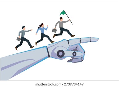 AI Artificial Intelligence help support business success, technology or innovation for new opportunity, invention for business growth concept, business people walking up on robot hand pointing up.

