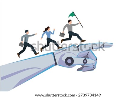 AI Artificial Intelligence help support business success, technology or innovation for new opportunity, invention for business growth concept, business people walking up on robot hand pointing up.

